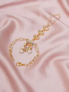 Ruby Raang Girls Gold-Plated Kundan Studded & Beads Beaded Ring Bracelet