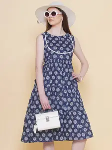 Modish Couture Navy Blue Print Sleeveless Dress