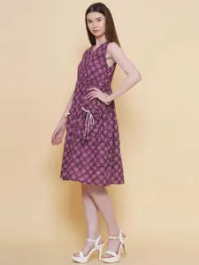 Modish Couture Purple Ethnic Motifs Print Sleeveless Dress