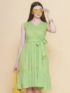 Modish Couture Green Ethnic Motifs Print Sleeveless Dress