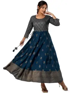 BAESD Ethnic Motifs Printed Round Neck Pleated Viscose Rayon A-Line Maxi Ethnic Dress