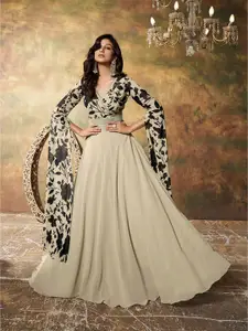 Inddus Floral Printed V-Neck Extended Sleeves Georgette Fit & Flared Maxi Ethnic Dresses