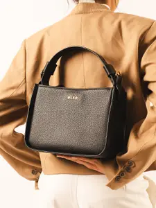 eske Women Black Solid Structured Shape Detachable Strap Leather Handheld HandBag