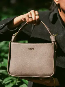 eske Women Taupe Solid Structured Shape Detachable Strap Leather Handheld HandBag