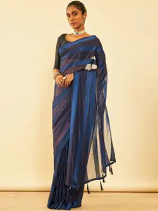 Soch Striped Pure Chiffon Fusion Saree With Tassels