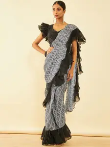 Soch Geometric Printed Ruffles Pure Crepe Ready To Wear Saree