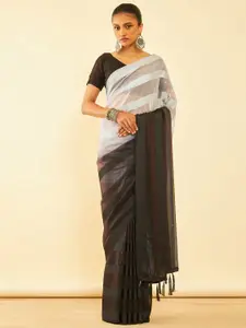 Soch Striped Pure Chiffon Fusion Saree With Tassels