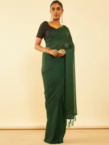 Soch Green Embellished Pure Chiffon Fusion Saree With Tassels