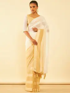 Soch Beige Striped Pure Chiffon Saree