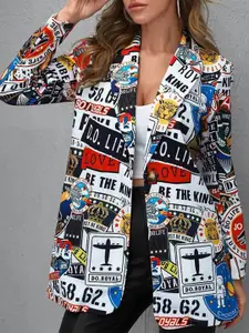 StyleCast White Graphic Printed Notched Lapel Single-Breasted Longline Casual Blazer