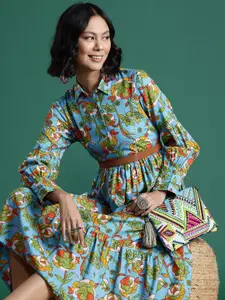Sangria Floral Print Shirt Collar Tiered Midi Dress