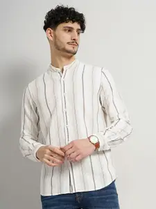 Celio Vertical Stripes Classic Opaque Pure Linen Mandarin Collar Casual Shirt