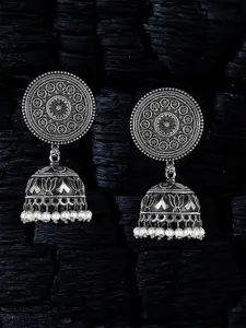 Adwitiya Collection Silver-Plated Beaded Dome Shaped Oxidised Jhumkas