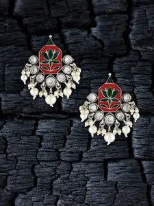 Adwitiya Collection Silver-Plated Stone-Studded & Beaded Classic Drop Earrings