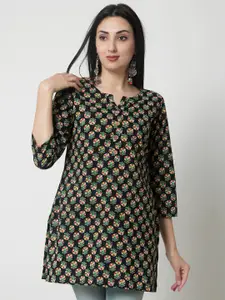 KALINI Black Floral Printed Notched Neck Cotton Kurti