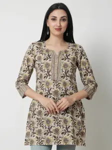 KALINI Floral Printed Notched Neck Cotton Kurti