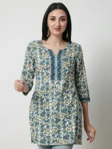 KALINI Floral Printed Notched Neck Cotton Kurti