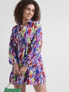 ONLY Abstract Printed Shirt Collar Smocked Puff Sleeves A-Line Mini Dress