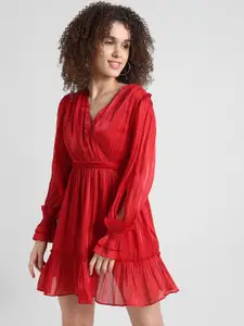 ONLY Slit Sleeves Gathered Ruffled V-Neck Flounce Wrap Dress