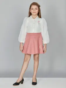 Peppermint Girls Peach-Coloured & Off White Shirt with Skirt