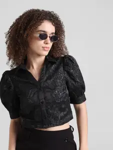 ONLY Slim Fit Floral Self Design Puff Sleeves Spread Collar Crop Casual Shirt