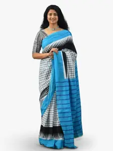 TROPWEAR Blue Ethnic Motifs Pure Cotton Handloom Block Print Saree