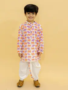 BAESD Boys Animal Printed Regular Pure Cotton Mandarin Collar Straight Kurta & Dhoti Pants