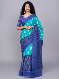 TROPWEAR Turquoise Blue Ethnic Motifs Pure Cotton Handloom Block Print Saree
