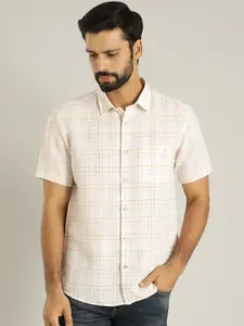 Indian Terrain Slim Fit Checked Spread Collar Short Sleeves Linen Blend Casual Shirt