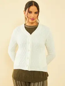 Soch Off White Geometric Self Design Acrylic Cardigan Sweater