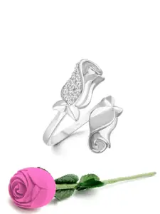 Vighnaharta Rhodium-Plated Stone Studded Finger Ring With Rose Box