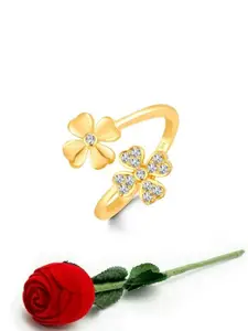 Vighnaharta Gold-Plated CZ-Studded Adjustable Finger Ring With Rose Box