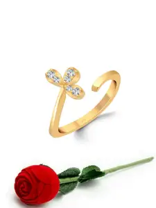 Vighnaharta Gold Plated Cubic Zirconia Studded Flower Shape Adjustable Finger Ring