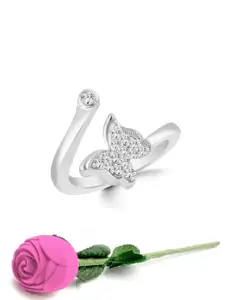 Vighnaharta Rhodium Plated Cubic Zirconia Studded Butterfly Shape Adjustable Finger Ring