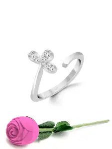 Vighnaharta Rhodium Plated Cubic Zirconia Studded Flower Shape Adjustable Finger Ring