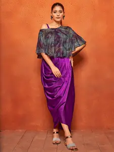 Curvy Lane Geometric Printed Embellished Crop Top With Dhoti Skirt