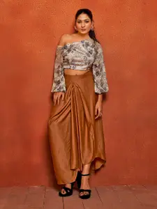 Curvy Lane Embellished One Shoulder Loose Fit Top & Dhoti Skirt