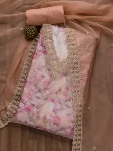 Koskii Floral Printed Sequinned Detailed Tissue Unstitched Dress Material