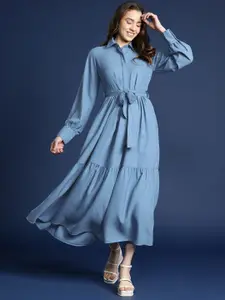Mast & Harbour Tiered Crepe Shirt Maxi Dress with Belt