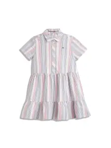 Tommy Hilfiger Girls Shirt Collar Striped Tiered Fit & Flare Dress