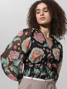 ONLY Floral Print Tie-Up Neck Flared Sleeve Chiffon Top