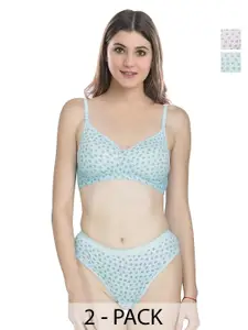 Aamarsh Pack Of 2 Printed Lightly Padded Cotton Bra With Briefs