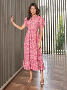 mulmul.com Pink Floral Print Fit & Flare Dress