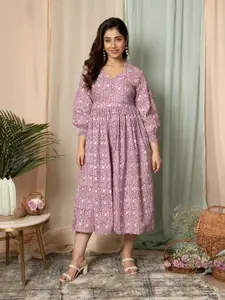 mulmul.com Purple Floral Print Cotton Fit & Flare Midi Dress