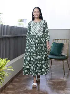 mulmul.com Floral Printed Lace Fit & Flare Cotton Maxi Dress