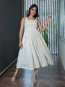 mulmul.com Floral Printed Shoulder Straps Cotton Fit & Flare Midi Dress