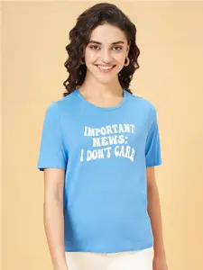 People Blue Typography Printed Applique  Cotton T-shirt