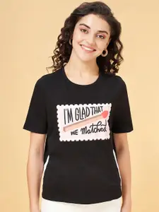 People Black Printed Round Neck Graphic Cotton T-shirt