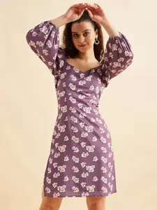PANIT Mauve Floral Print V-Neck Fit & Flare Dress