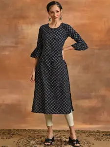Anouk Checked Flared Sleeves Thread Work Kurta